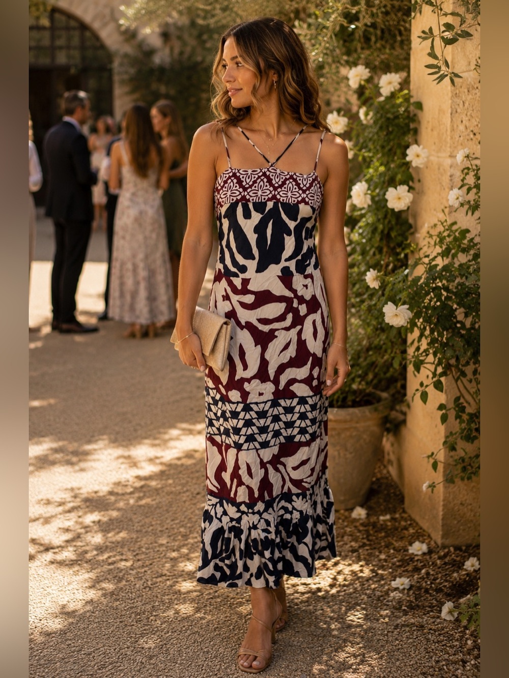 Anthropologie Printed Midi Dress XS Maroon Blue Abstract Tropical Back Tie